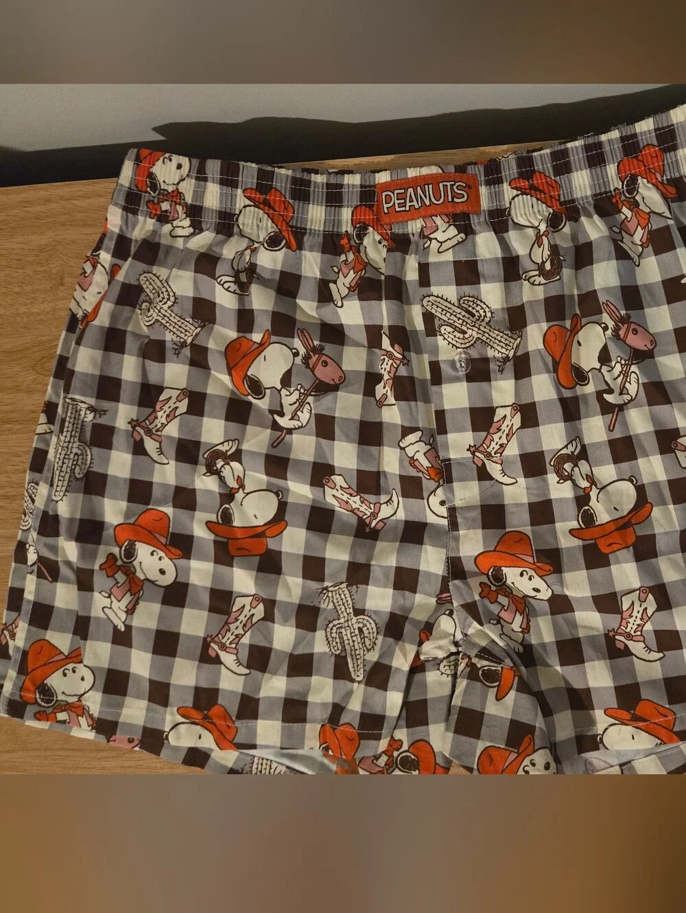 Peanuts Boxers Plum & White Check Shorts with Orange Snoopy Print Western
